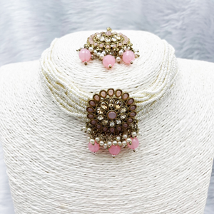Viri Baby Pink Choker Necklace Set- Antique Gold