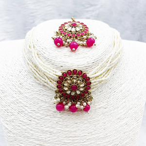 Viri Hot Pink Choker Necklace Set- Antique Gold