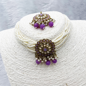 Viri Lilac Choker Necklace Set- Antique Gold