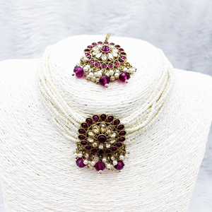 Viri Purple Choker Necklace Set- Antique Gold