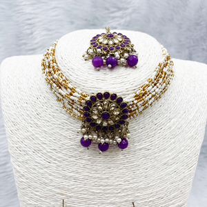 Viri Dark Purple Choker Necklace Set- Antique Gold 