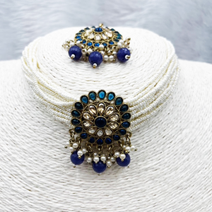 Viri Navy Blue Choker Necklace Set- Antique Gold 