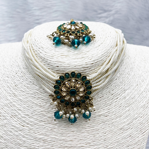Viri Peacock Colour Choker Necklace Set- Antique Gold