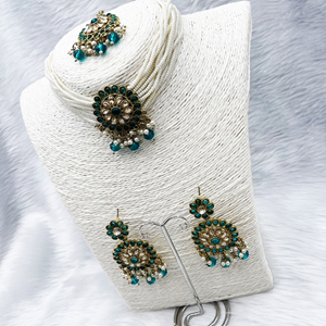Viri Peacock Colour Choker Necklace Set- Antique Gold