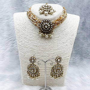 Viri White Stone Choker Necklace Set- Antique Gold