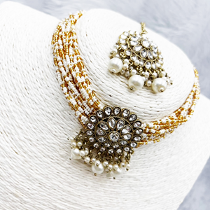 Viri White Stone Choker Necklace Set- Antique Gold