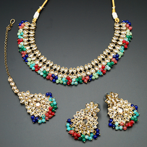 Mahika - Gold Polki Stone/Multi colour Beads Necklace set - Antique Gold