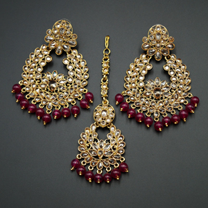 Jogi- Gold Polki/Pink Beads Earring Tikka Set - Antique Gold