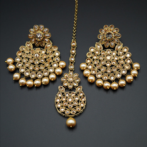 Anwa Gold (LCT) Polki Stone and Pearl Earring Tikka Set - Antique Gold
