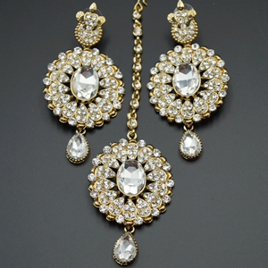 Palin White Diamante Earring and Tikka Set - Gold
