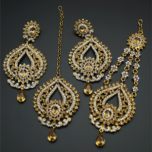 EBI White/ Gold Diamante Earring Tikka and Passa/Jhoomer Set - Gold