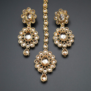 Gauri- Gold (LCT) Polki Stone Earring Tikka Set - Antique Gold