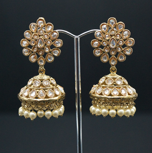 Davan Polki Stone and Pearl Jhumka- Antique Gold