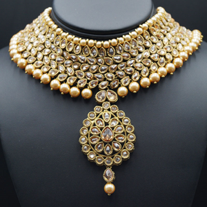 Jiaa - Gold Polki Stone Choker Necklace Set with Pearls- Antique Gold