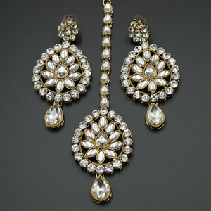 Aasa White Kundan and Diamante Rani Haar Set - Antique Gold