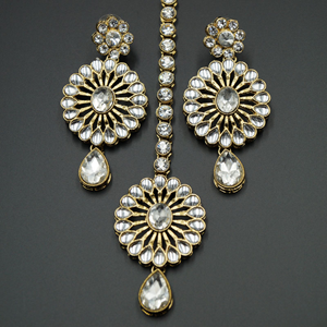 Keya White Kundan and Diamante Rani Haar Set - Antique Gold