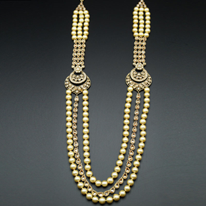 Magdi Gold Polki Stone and Pearl's Rani Haar Set - Antique Gold