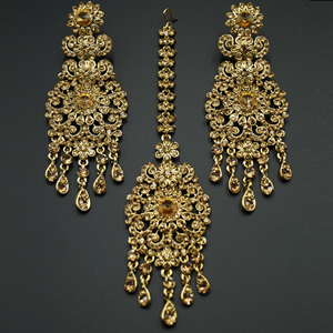 Nashi Gold Diamante Earring Tikka and Passa/Jhoomer Set - Gold
