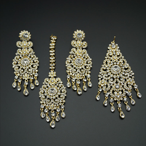Nashi White Diamante Earring Tikka and Passa/Jhoomer Set - Gold