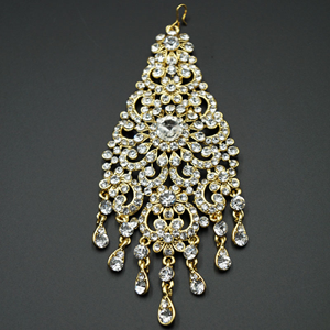 Nashi White Diamante Earring Tikka and Passa/Jhoomer Set - Gold