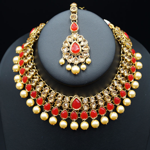 Amita Red/Gold Stone Pearl Necklace Set - Gold