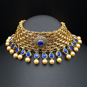 Nira Royal Blue/Gold Choker Necklace Set - Gold
