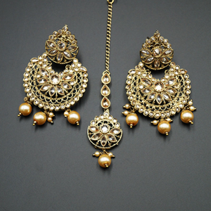 Edha Gold Polki Stone and Pearl's Rani Haar Set - Antique Gold