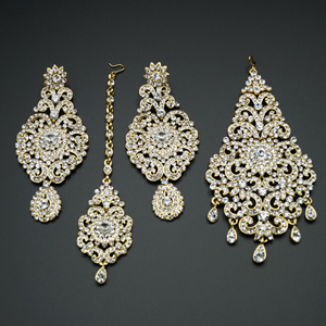 Neetha White Diamante Earring Tikka and Passa/Jhoomer Set - Gold