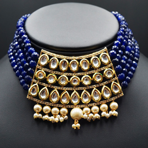 Meeta Blue Kundan Choker Necklace Set - Gold