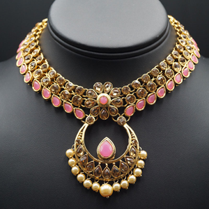 Elina Light Pink and Gold  Necklace Set - Gold