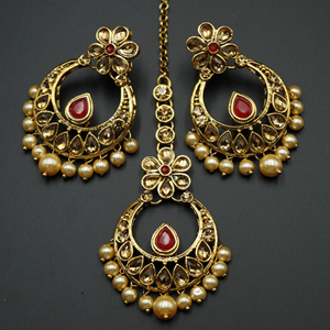 Elina Red and Gold  Necklace Set - Gold