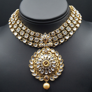 Asta  Gold/White Stone Choker Necklace Set - Gold