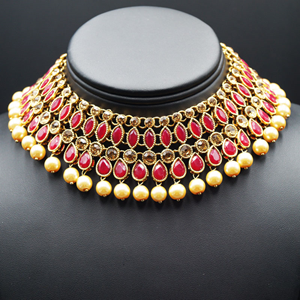 Anita Dark Pink/ Gold Choker Necklace Set - Gold