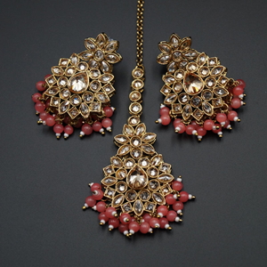 Mahika - Gold Polki Stone/Coral Beads Necklace set - Antique Gold