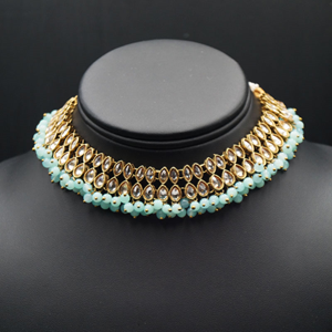 Mahika - Gold Polki Stone/Sky Blue Beads Necklace set - Antique Gold