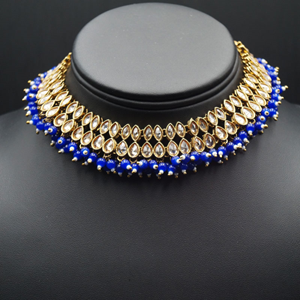 Mahika - Gold Polki Stone/ Royal Blue Beads Necklace set - Antique Gold