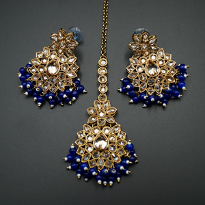 Mahika - Gold Polki Stone/ Royal Blue Beads Necklace set - Antique Gold