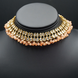 Mahika - Gold Polki Stone/ Peach Beads Necklace set - Antique Gold