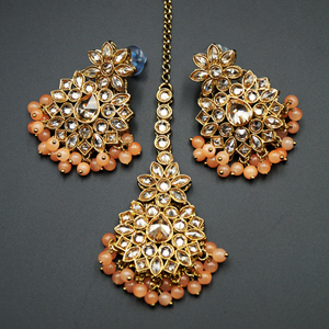 Mahika - Gold Polki Stone/ Peach Beads Necklace set - Antique Gold