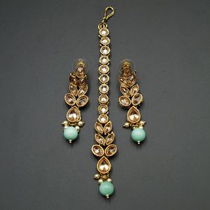 Mahi - Gold Polki Stone/Sea Blue Beads Necklace set - Antique Gold