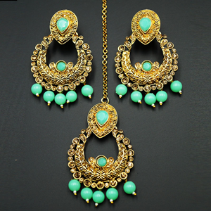 Kirti Gold Diamante / Green Beads Earring Tikka Set - Gold