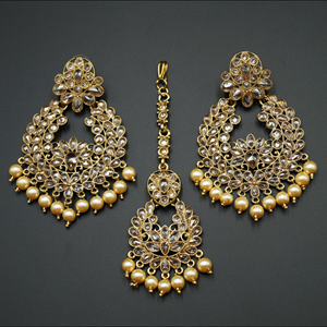 Jogi- Gold Polki Stone/Pearl Earring Tikka Set - Antique Gold