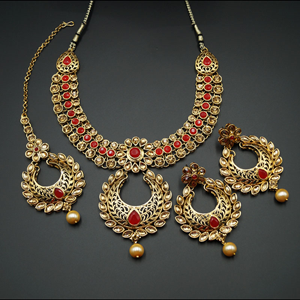 Talin Red and Gold Necklace Set - Gold