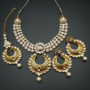 Talin  White Stone Choker Necklace Set - Gold