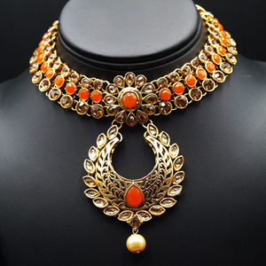 Talin Orange and Gold Choker Necklace Set - Gold