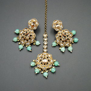 Tarz Gold Polki Stone/Sea Green Bead Necklace set - Antique Gold