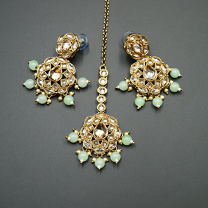 Tarz Gold Polki Stone/Green Bead Necklace set - Antique Gold