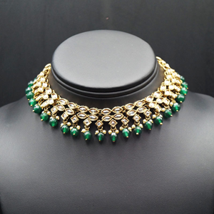 Tarz Gold Polki Stone/Green Bead Necklace set - Antique Gold