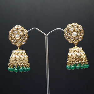Vansha Polki Stone /Green Beads Jhumka- Antique Gold